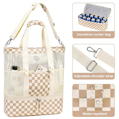Bluboon Mesh Beach Tote Bag with Cooler Compartment Insulated Detachable Picnic Bag with Zipper and Pocket Pool Bag for Women - color: Black Floral Beige