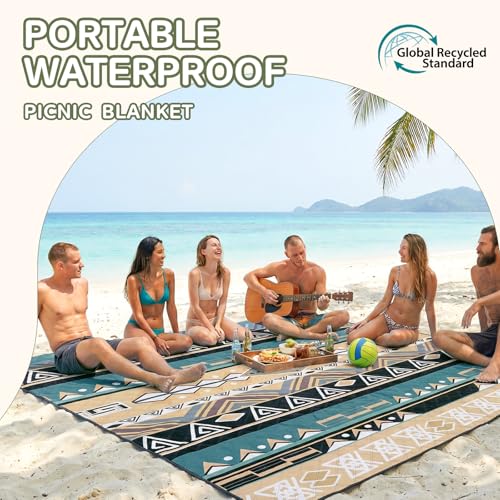 Genovega Waterproof Picnic Blanket Outdoor Camping Beach Mat Rug Extra Large Foldable Car Essential Roadtrip Gadget Accessories Glamping Tent Gear Must Haves Hiking Stuff Backpacking Necessities Gift - color: Boho Green