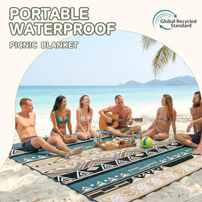 Genovega Waterproof Picnic Blanket Outdoor Camping Beach Mat Rug Extra Large Foldable Car Essential Roadtrip Gadget Accessories Glamping Tent Gear Must Haves Hiking Stuff Backpacking Necessities Gift - color: Boho Green
