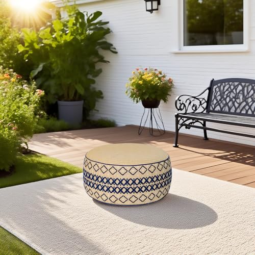 Outdoor Inflatable Ottoman with Air Pump, Embroidery Patio Footrest Stool D21”x H9”, Round Pouf Ottoman with Portable Handle Suitable for Garden, Camping, Bedroom, Living Room - color: Navy Embroidery