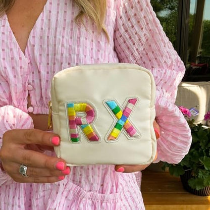 uekeboag Personalized Small Nylon Rx Cosmetic Bag, Cute Chenille Letter Patch Medicine Drug Pouch with Zipper,Preppy Makeup Travel Vitamin Bag for Women and Girls（01Sand） - color: 01Sand