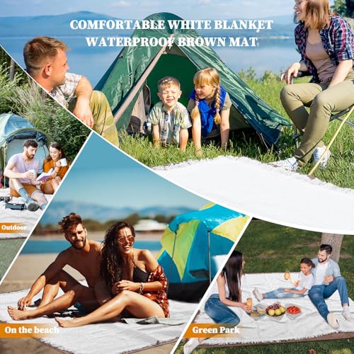 stylish white picnic blanket waterproof and sandproof,all-weather 2-in-1 dual-layer beach blanket for families, outdoor adventures and pets (Grid pattern) - color: White-gird