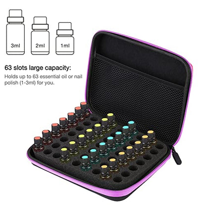 OUKENS Essential Oil Carrying Case, 1-3ml 63 Slots Hard EVA Shell Essential Oils Storage Organizer Bag with Foam Insert and Carrying Handle (Purple) - color: Purple