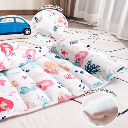 PHF Soft Toddler Nap Mat with Removable Pillow, Rollup Design Kids Sleeping Mat, Slumber Bags for Girls, 50"x20" Toddler Sleeping Bag for Daycare Preschool Travel Camping, Mermaid - color: Mermaid