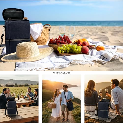 URBAN CELLAR Insulated Wine Carrier Tote - 2 Bottle Wine Cooler Bag with Ice Packs, 6+ Hour Cooling, Waterproof Waxed Canvas for Travel, Picnic, BYOB - Wine Gift