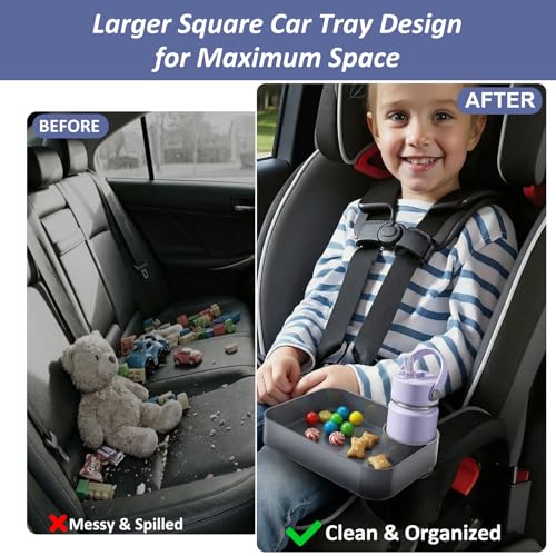 Car Seat Snack Tray for Kids, Mess-Free Square Travel Tray Cup Holder Snack Tray, Durable Car Food Tray for Toddlers, Universal Fit Kids Travel Road Trip Essentials (1, Dark Grey) - color: dark grey