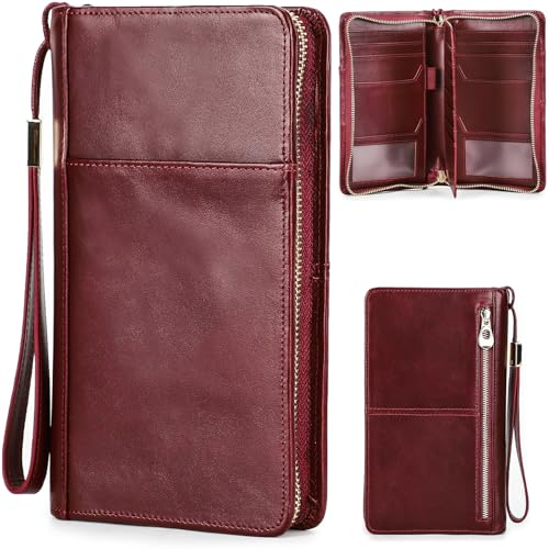 Top Grain Leather Travel Passport Wallet Holder for Man & Woman, Handmade with Three-Layer for 4 Passports & Multi Cards, RFID Blocking Large Capacity for Cards/Passports/Tickets, Burgundy - color: Classic-Glossy Burgundy, size: For 4 Passports-Zipper Sty