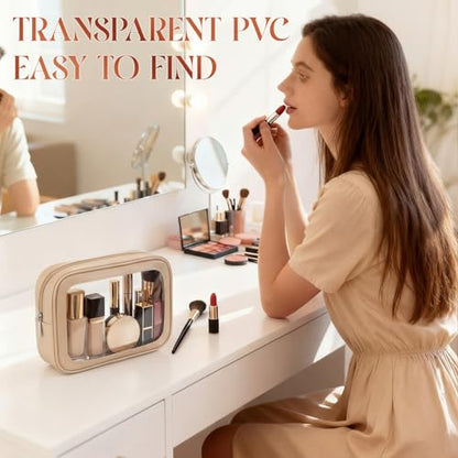Abbylike 4 Pcs Nude Clear Makeup Bag PU Leather Tsa Approved Toiletry Bag with Zipper Transparent Waterproof Portable Cosmetic Bags Travel Car Clear Organizer Bags for Women Girls Mother's Day - color: Nude
