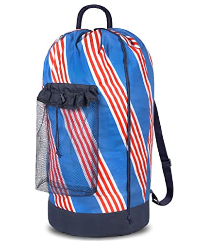 Dalykate Backpack Laundry Bag with Shoulder Straps and Mesh Pocket Durable Nylon Clothes Hamper Bag with Drawstring Closure for College, Travel, Laundromat, Apartment - color: Stripe Blue