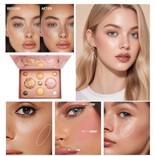K'APEINE All-in-One Makeup Palette, 9 Colors Baked Face Kit Includes Eyeshadow, Blush, Highlighter & Bronzer | Waterproof Long-Wearing Party Cosmetics for Women - 03# - color: Rose Quartz Beach (9 Colors)