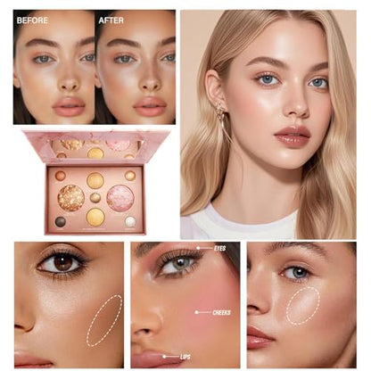 K'APEINE All-in-One Makeup Palette, 9 Colors Baked Face Kit Includes Eyeshadow, Blush, Highlighter & Bronzer | Waterproof Long-Wearing Party Cosmetics for Women - 03# - color: Rose Quartz Beach (9 Colors)