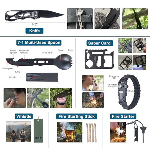 254 in 1 Survival Kit, First Aid Kit Survival for Outdoor Emergencies Includes Hatchet, Shovel, Flashlight, Tools Ideal for Camping, Hiking, Travel Gift for Men