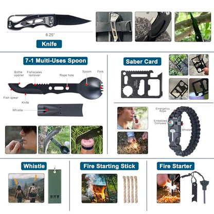 254 in 1 Survival Kit, First Aid Kit Survival for Outdoor Emergencies Includes Hatchet, Shovel, Flashlight, Tools Ideal for Camping, Hiking, Travel Gift for Men