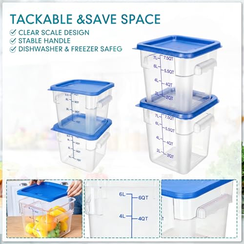 Lallisa 4 Pcs 8qt & 4qt Clear Food Storage Containers with Lids Handles and Scales, Stackable Plastic Square Food Storage Containers for Dough Proofing Baking Kitchen Restaurant(Blue) - color: Blue