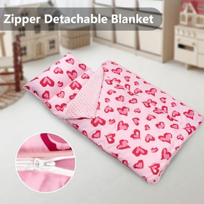 Primlect Toddler Nap Mat Extra Large Thickened 55''x35'', Soft Sleeping Bag with Detachable Minky Blanket and Pillow, Portable for Daycare, Preschool, Kindergarten, Travel, Boys and Girls - color: Pink Heart