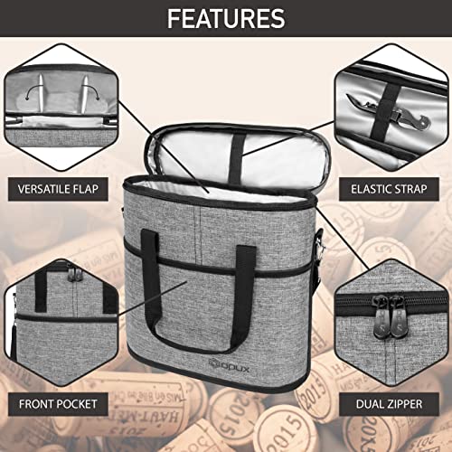 opux 3 Bottle Wine Carrier Tote, Insulated Leakproof Wine Cooler Bag, Wine Travel Bag Tote for Picnic BYOB Beach, Portable Wine Bottle Carrying Case, Gift for Wine Lover Women Men Christmas, Grey - color: Heather Gray