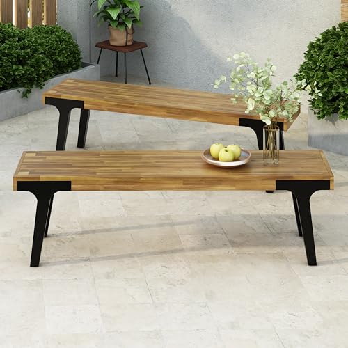Christopher Knight Home 3 Piece Patio Dining Table,Acacia Wood Table Bench Dining Set,2 Wood Benches with 69'' Large Dining Table,Industrial Style Dining Furniture Set for Outdoor Deck, Yard, Porch