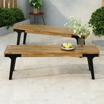 Christopher Knight Home 3 Piece Patio Dining Table,Acacia Wood Table Bench Dining Set,2 Wood Benches with 69'' Large Dining Table,Industrial Style Dining Furniture Set for Outdoor Deck, Yard, Porch