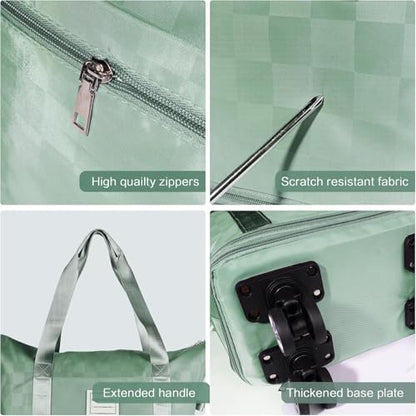 Expandable Rolling Duffle Bag - Large Carry-On With Spinner Wheels, Foldable Weekend Travel Bag, 28-58L Capacity（Backpack-Green Checkboard） - color: Backpack-Green Checkboard, style: Backpack