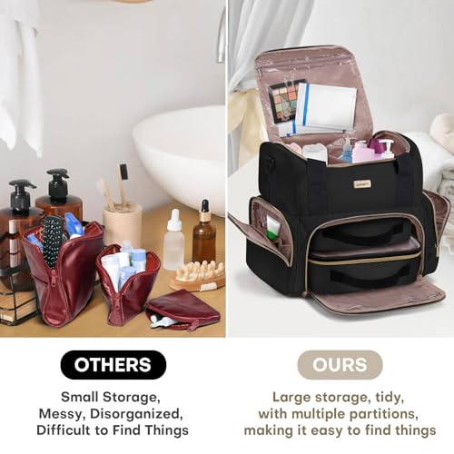 BAFAMYE Large Makeup Travel Cosmetic Bag with 2 Removable Case, Double Layer Big Travel Make Up Organizer Case, Toiletry Bag for Women, Train Cases Bags - color: Black
