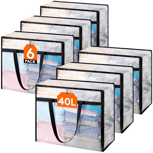 Lifewit 6 Pack Clear Blanket Storage Bags, Foldable Plastic Clothes Organizer with Zipper, Closet Organization Containers and Moving Bag for Comforter, Bedding, Duvet, 40L
