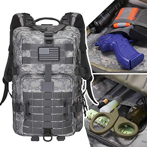 Hannibal Tactical MOLLE Assault Backpack, Tactical Backpack Army Military Camping Rucksack, 3-Day Pack Travel Trip w/USA Flag Patch, D-Rings, ACU Camo - color: Acu Camo