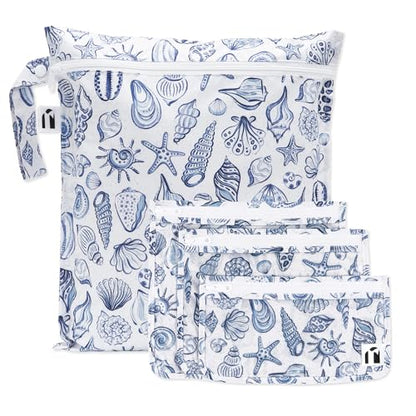 Bumkins Roamio Wet Bag and 3-Pack Clear-Sided Travel Pouches, Waterproof Fabric Organizer for Toiletries, Gym Clothes, Swim Gear, Shoes, Accessories, TSA Compliant Packing Set, Blue Shells 4-pc Set - color: Blue Shells