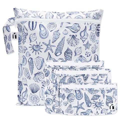 Bumkins Roamio Wet Bag and 3-Pack Clear-Sided Travel Pouches, Waterproof Fabric Organizer for Toiletries, Gym Clothes, Swim Gear, Shoes, Accessories, TSA Compliant Packing Set, Blue Shells 4-pc Set - color: Blue Shells
