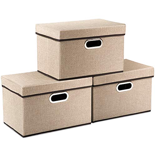 PRANDOM Collapsible Storage Cubes with Lids [3-Pack] Jute Fabric Foldable Storage Boxes Organizer Containers Baskets Bins with Cover for Home Bedroom Closet Office Nursery (14.9x9.8x9.8) - color: Khaki, size: M(3-Pack)