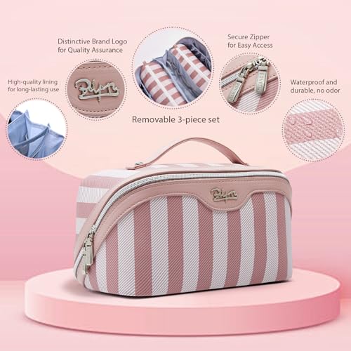 BOYATU Travel Makeup Bag Cosmetic Bag for Women: 3 Pcs Set Striped Make up Bag with Compartments - Waterproof Vegan Leather Toiletry Bags with Handle - Makeup Organizer for Travel Essentials(A-3-Pink) - color: A-3-Pink