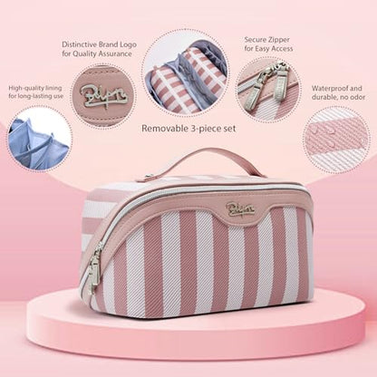 BOYATU Travel Makeup Bag Cosmetic Bag for Women: 3 Pcs Set Striped Make up Bag with Compartments - Waterproof Vegan Leather Toiletry Bags with Handle - Makeup Organizer for Travel Essentials(A-3-Pink) - color: A-3-Pink