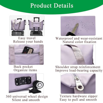 Expandable Foldable Duffel Bag with Detachable Wheels, 64L Large Capacity Rolling Travel Duffle Bag, Lightweight Carry on Luggage with Spinner Wheels, Weekend Gym Tote Bag (Light Purple) - color: Light Purple