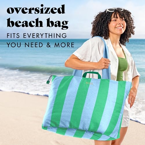 Fit & Fresh XL Beach Tote Bag for Women – XL Travel Tote with Zipper & Pockets, Oversized Canvas Pool Bag, Weekender Carry-On - color: Blue & Green Stripe