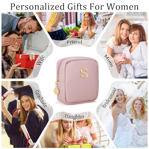 Personalized Birthday Gifts for Women - Initial Makeup Bag Set Travel Toiletry Bag Cosmetic Bags Soft Waterproof PU Leather Makeup Pouch Travel Essentials (S, 1pc Pink) - size: 1pc Pink, style: S