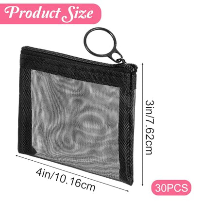 30 Pieces Mini Zipper Mesh Bags Nylon Small Zipper Pouch Mini Pouch Portable Beauty Purse Mesh Coin Purse for Travel Home Keychain Holder Makeup Cosmetic Storage(4 x 3 Inches,Black)