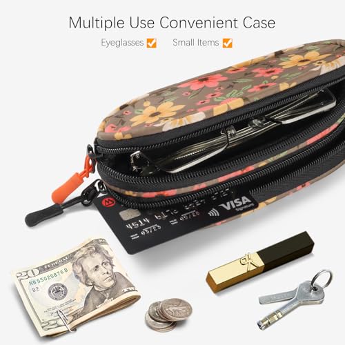 Double Eyeglasses Case Soft Portable Zipper Sunglasses Pouch with Keychain Clip for Men Women - color: Brown Flower