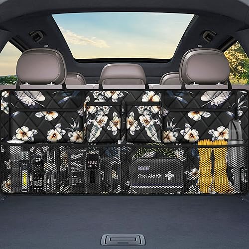 Femuar Car Trunk Organizer, Large Capacity Backseat Trunk Organizer (42"*18"), Collapsible Car Storage Bag with 8 Pockets - Hibiscus - color: Hibiscus