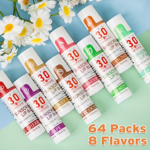 SPF 30 Sunscreen Lip Balm, Bulk Travel Size-64 Pack, Hydrating with Vitamin E & Coconut Oil- 8 Flavors - color: 64 Count