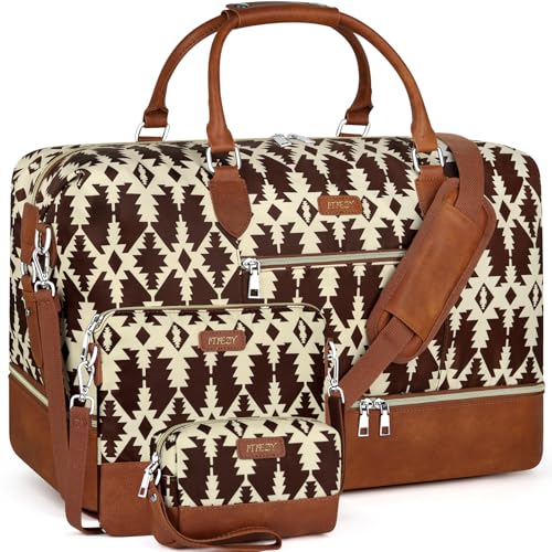 ITIEZY Weekender Overnight Bag for Women - Large Travel Duffel Bag with Shoe Compartment, Gym Duffel Bag Hospital Bag Carry On Tote Bags for Airplanes with Crossbody Bag Toiletry Bag 3Pcs Set - color: 8b-Brown