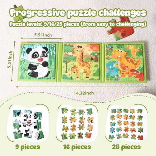 Magnetic Puzzles for Kids 3-5 Years, 3 in 1 Montessori Learning Toys with 9/16/25 PCS, Travel Activity for Toddlers Age 3-5, Preschool Puzzle Game with Animal Designs (Panda, Giraffe, Dinosaur) - color: Green
