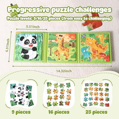 Magnetic Puzzles for Kids 3-5 Years, 3 in 1 Montessori Learning Toys with 9/16/25 PCS, Travel Activity for Toddlers Age 3-5, Preschool Puzzle Game with Animal Designs (Panda, Giraffe, Dinosaur) - color: Green