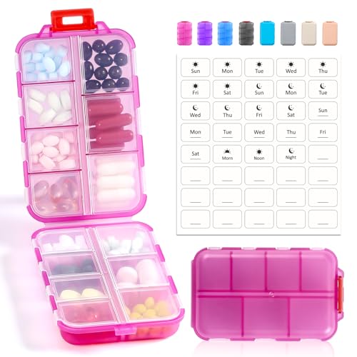 14 GRIDS Travel Pill Organizer Box with Labels - Travel Medicine Case Kit - Pocket Daily Pharmacy Container - Travel Medication Holder Dispenser for Fish Oil Vitamin Supplement Storage - Clear Pink - color: Clear-pink, size: with White Labels