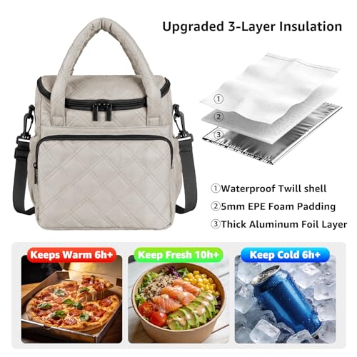 Women's Insulated Lunch Tote Bag - Inch Quilted Lunch Box for Women, Large Waterproof Cooler Bag with Pockets for Work, Picnic, Adult (camel) - color: Camel