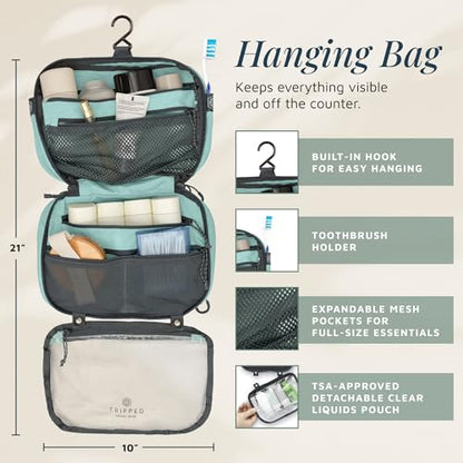 Toiletry Bag Kit 3 Piece Set: Hanging Travel Toiletry Bag + 311 TSA Cosmetic Liquid Bag + Accessory Organizer Pouch - color: Dusty Teal Makeup