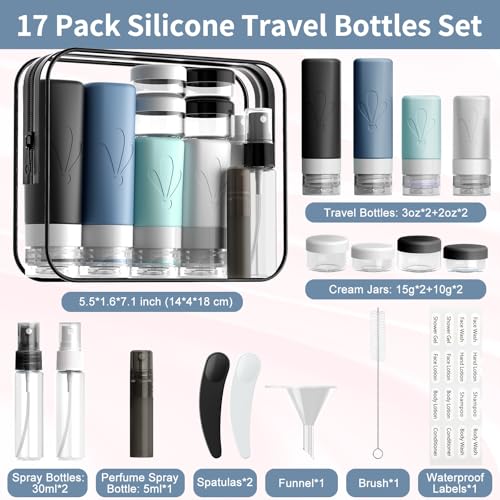 INSFIT 17 Pack Travel Bottles for Toiletries, TSA Approved 3oz 2oz Travel Size Toiletries, BPA Free Leak Proof Squeezable Silicone Tubes Travel Essentials for Shampoo Conditioner Lotion Soap - color: Black