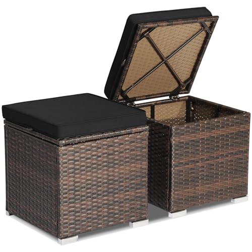 Tangkula 2 Pieces Patio Ottomans, Patiojoy Hand-Woven PE Rattan Side Table with Removable Cushion & Hidden Storage Space, Multifunctional Storage Box, Seat for Patio, Backyard, Poolside (Black) - color: Black, size: 16"D x 16"W x 15.5"H