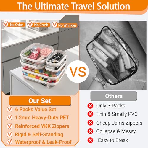 YQBRAO 6 Pack Clear Hard Shell Zipper Case, 1.2mm Heavy Duty Crush-Proof Diaper Bag Organizer Pouches, TSA Approved Travel Makeup Bag for Toiletries & Electronics, (2L, 2M, 2S) Multi-Size Storage Set - color: White, size: 6 Pack (2L+2M+2S)