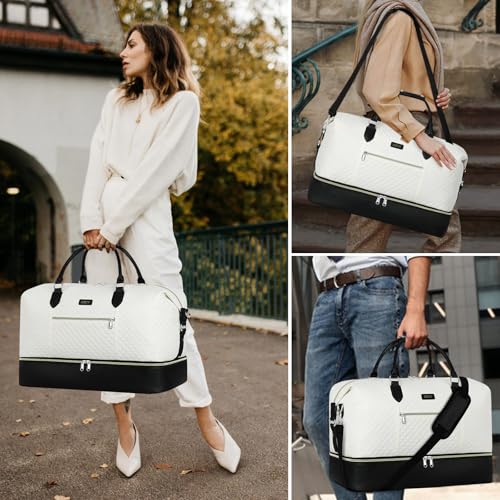 ITIEZY Weekender Overnight Bag for Women - Large Travel Duffel Bag with Shoe Compartment, Gym Duffel Bag Hospital Bag Carry On Tote Bags for Airplanes with Crossbody Bag Toiletry Bag 3Pcs Set - color: 6-Off White