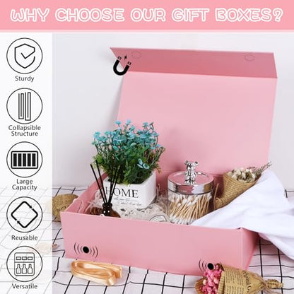 Large Pink Gift Box with Ribbon, 13.8" x 9" x 4.3" Groomsmen Proposal Box for Presents with Magnetic Closure Lids, Rectangle Collapsible Luxury Storage Box for Anniversary Wedding Birthday, 3 Pack - size: 1 count (Pack of 3)