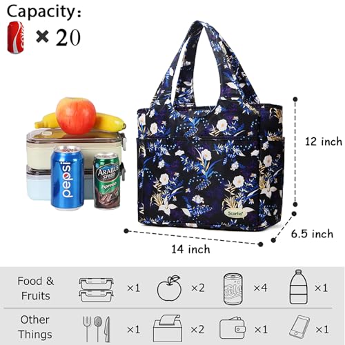 Extra Large Insulated Lunch Tote Bag for Women Men, Leakproof Cooler Lunch Box Shoulder Purse with Side Pockets for Work - Blue Flower - color: Blue flower